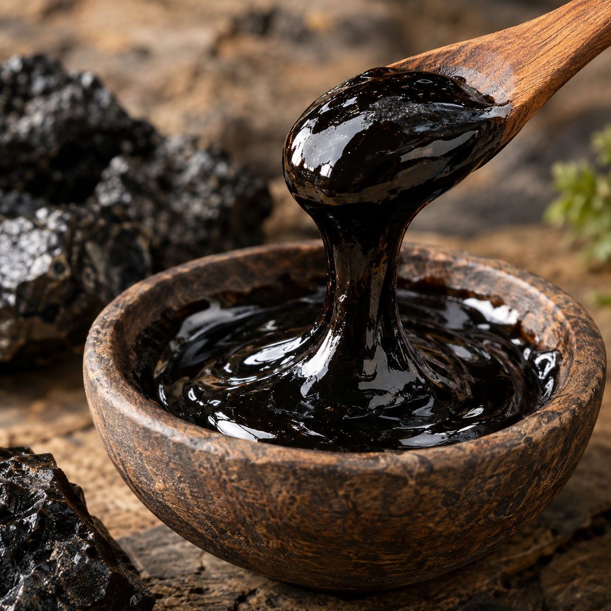 Glossy shilajit resin being lifted with a wooden spoon from a rustic bowl.]